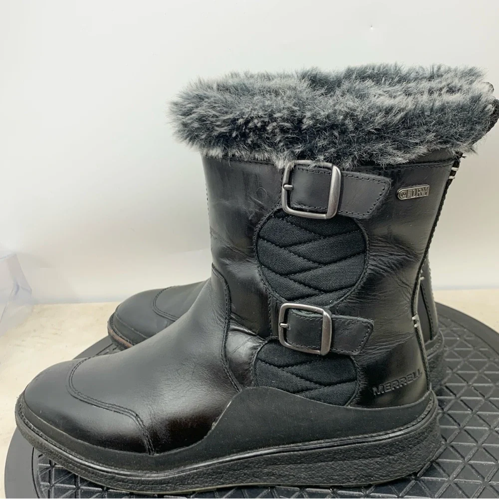 Merrell Boots Women Size 9 Shoes‎ Black Leather Faux Fur Lined Dry Waterproof